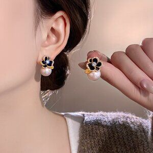 3/$35 Black Camellia Pearl Drop Earrings Gold Enamel Flower Crystal Studs